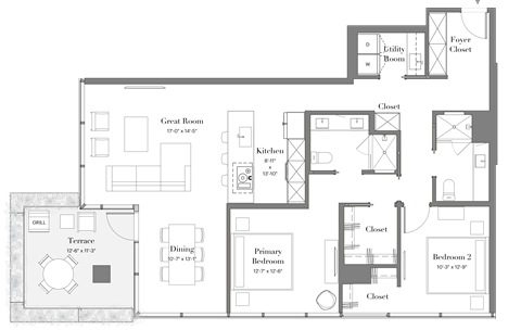 Floor plan for 2 beds, 2 baths, 1341 sqft